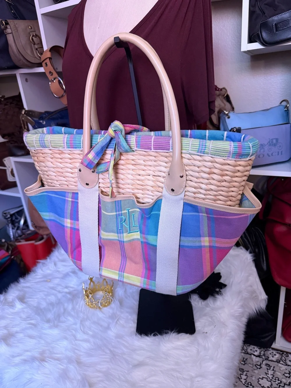Ralph Lauren Pastel Plaid Woven Straw Tote with Leather Handles - Picture 1 of 5